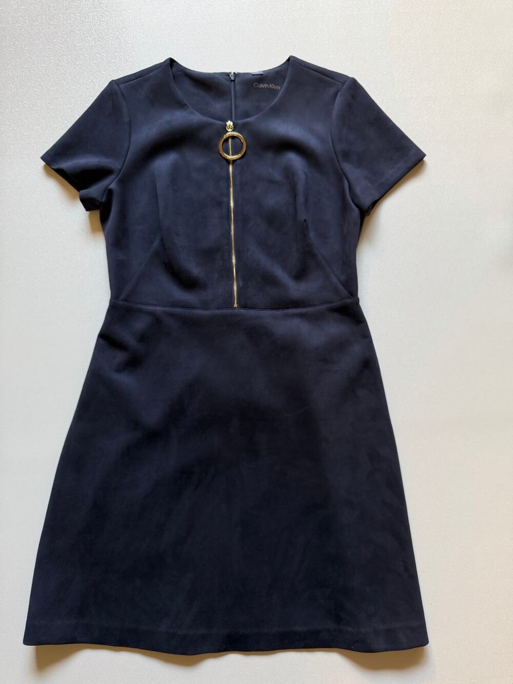Calvin Klein Women's Navy Blue Faux Suede Short Sleeve A-Line Mini Dress Size 10